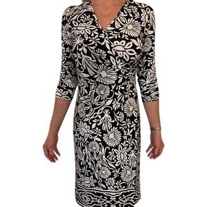 Floral Print Black and White Dress, 3/4 Sleeve, Elegant‎ Pattern